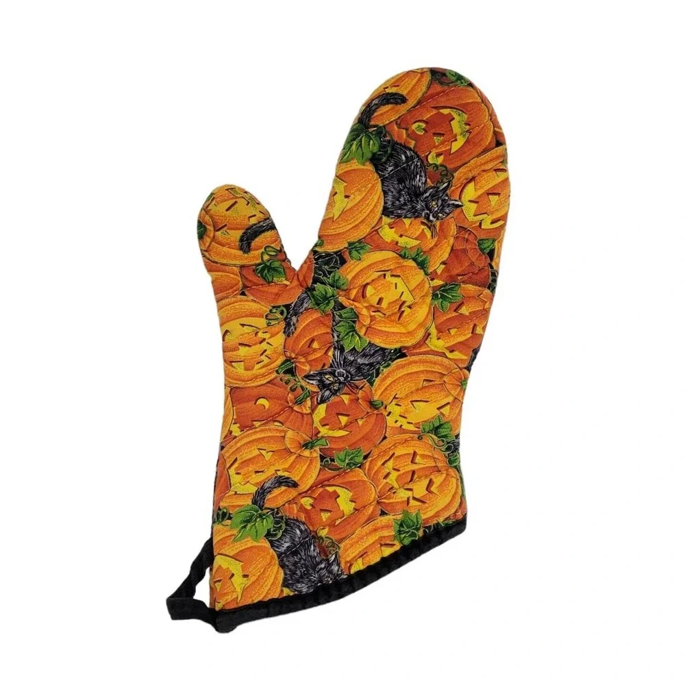Jack-o-lantern & Black Cat Print Fabric Halloween Oven Mitt